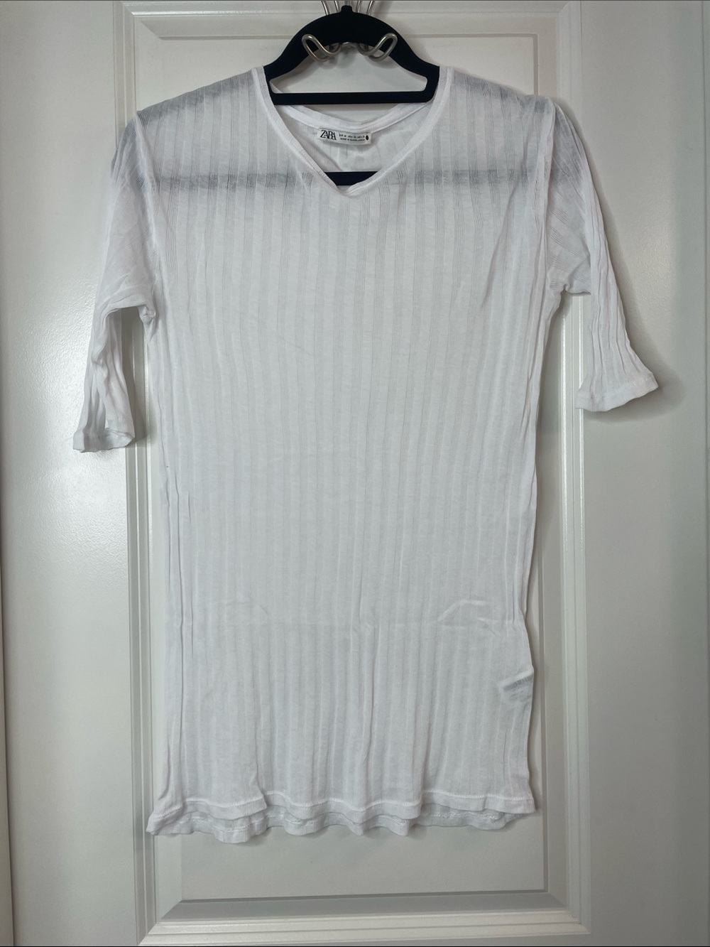 Zara White Ribbed Short Sleeve Top